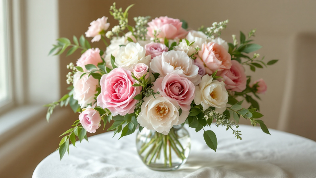 Lush birthday bouquet with pink roses, white peonies and freesias in a glass vase on cream linen