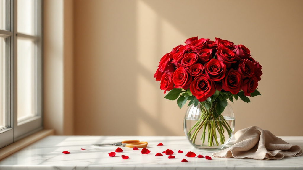 100 rote Rosen in einer Glasvase auf Marmor – Pflegetipps für einen langanhaltenden Strauß