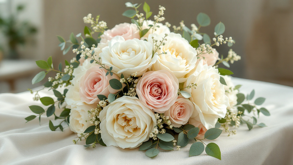Brautstrauß mit weißen Rosen, Pfingstrosen und Ranunkeln auf cremefarbenem Leinentuch – beliebteste Blumen Hochzeitstag