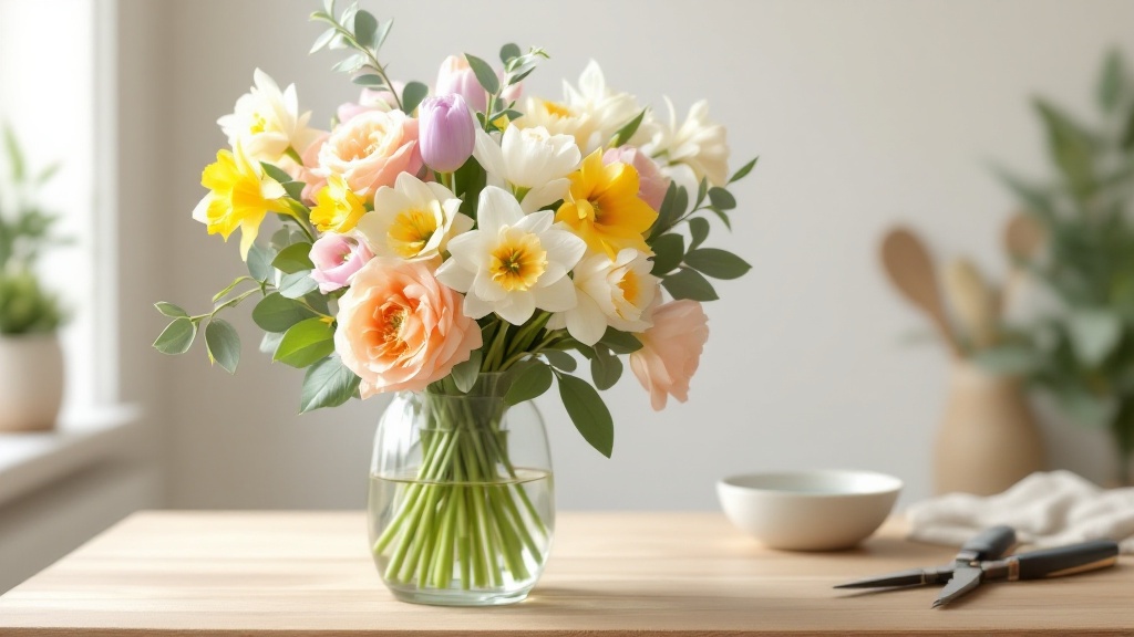 Frühlingsstrauß mit Tulpen, Narzissen und Ranunkeln in Glasvase auf Holztisch — Frühlingsstrauß pflegen leicht gemacht