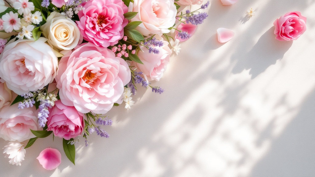 Festlicher Geburtstagsstrauß zum 18. Geburtstag mit rosa Pfingstrosen, weißen Rosen und lila Freesien auf cremefarbenem Untergrund