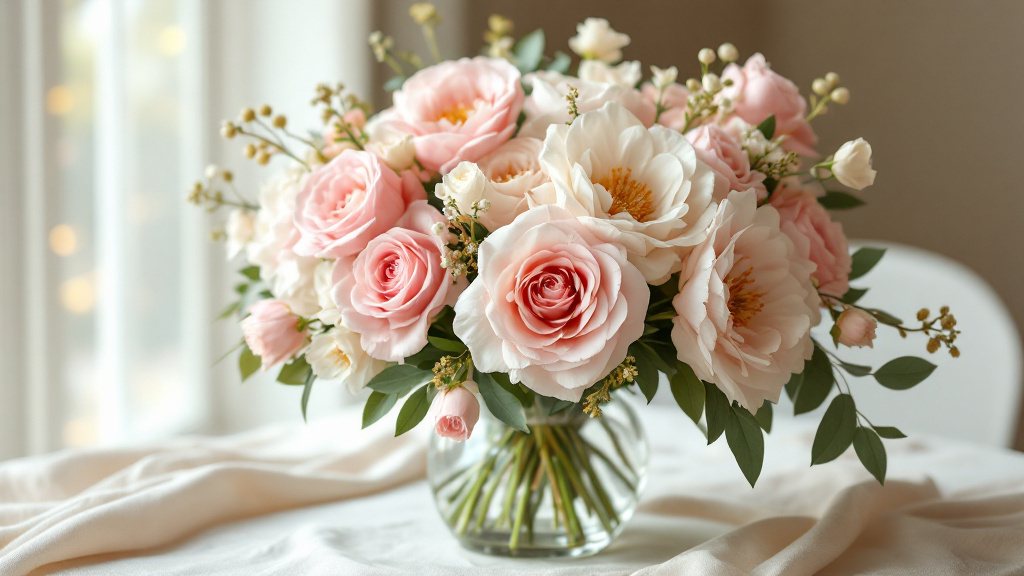 Eleganter Geburtstagsstrauß mit rosa Rosen, weißen Pfingstrosen und Freesien in Kristallvase – beliebteste Blumen zum 90. Geburtstag
