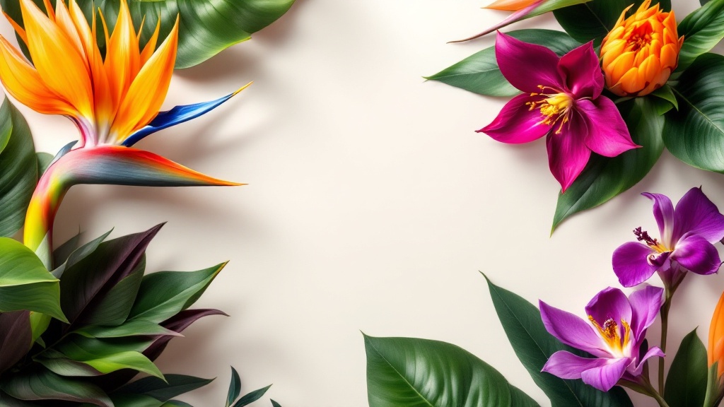 Exotische Blumen wie Strelitzie, Protea und Orchidee als farbenfrohe Flat-Lay-Komposition – exotische Blumen Bedeutung im Überblick
