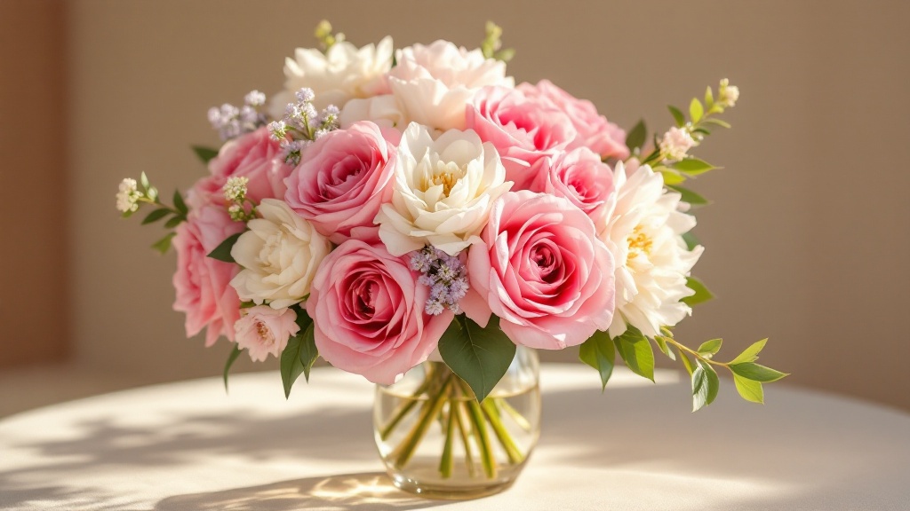 Festlicher Blumenstrauß zum 60. Geburtstag mit rosafarbenen Rosen, weißen Pfingstrosen und Lisianthus in Glasvase