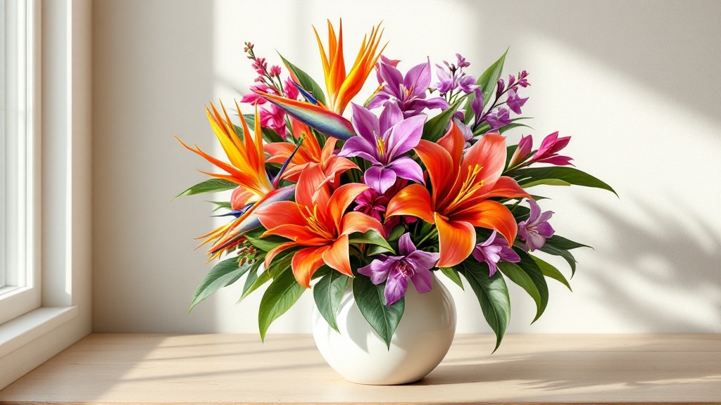 Exotische Blumen pflegen: Strelitzie, Anthurie und Orchideen in weißer Vase auf Holztisch im natürlichen Licht