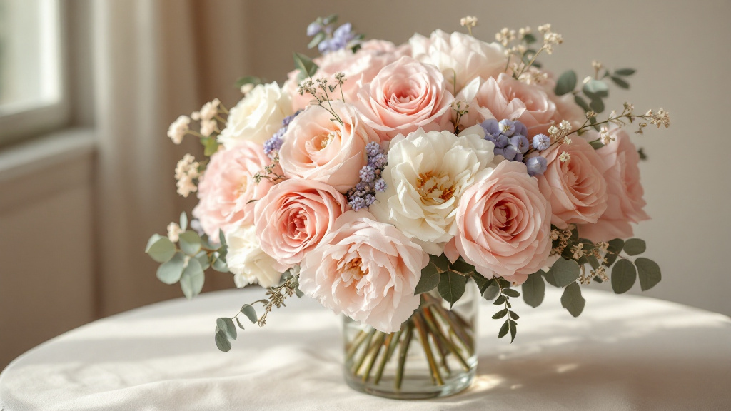 Üppiger Geburtstagsstrauß mit rosa Rosen, Pfingstrosen und Ranunkeln in Glasvase auf cremefarbenem Leinentuch