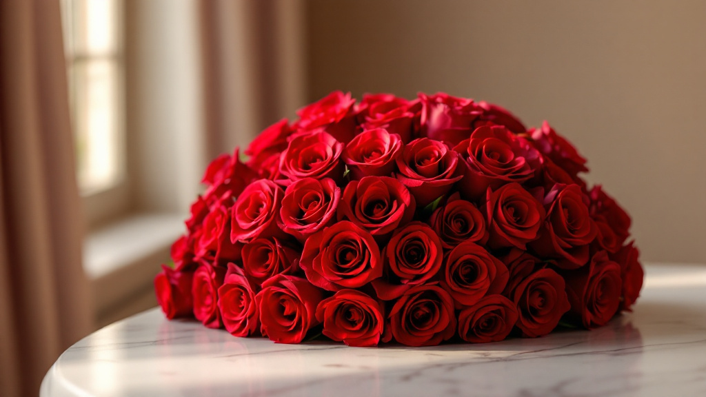 100 rote Rosen als üppiger Rundstrauß auf weißem Marmor – Symbol für tiefe Liebe und besondere Anlässe