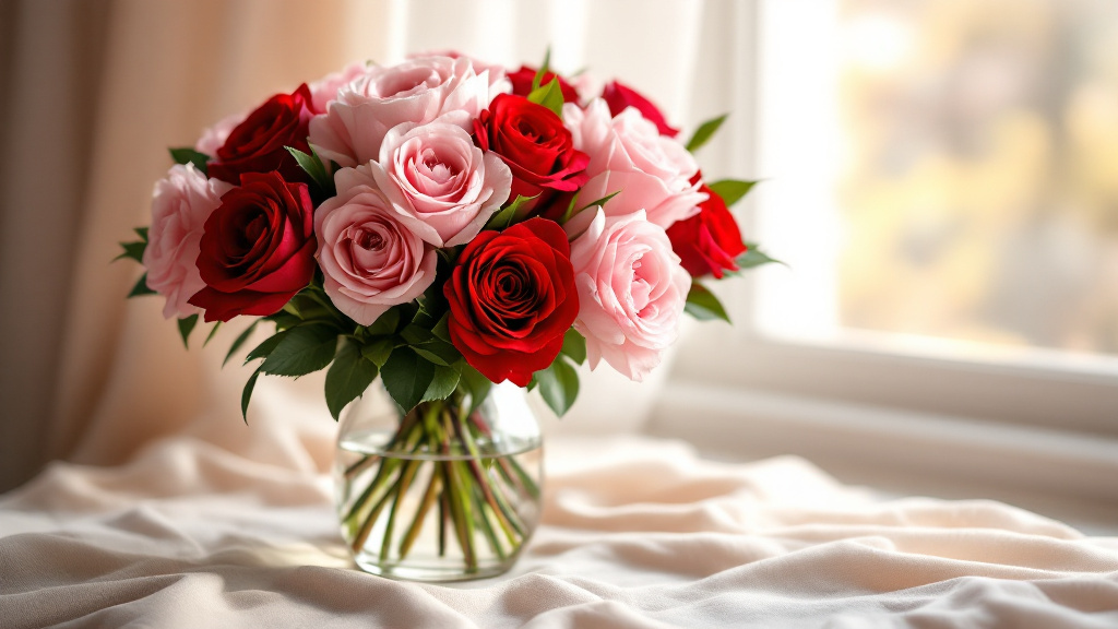 Romantischer Valentinstag-Strauß mit roten Rosen und rosa Pfingstrosen in Glasvase – valentinstag geschenk blumen