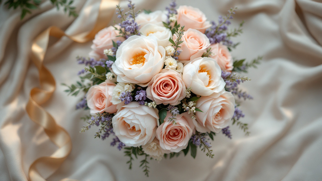Festlicher Blumenstrauß zum 80. Geburtstag mit rosa Rosen, weißen Pfingstrosen und Lavendel auf cremefarbenem Leinen