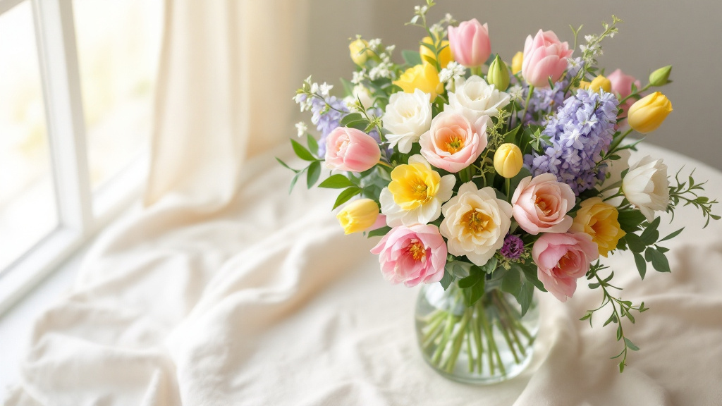 Frühlings-Blumenstrauß mit rosa Tulpen, weißen Ranunkeln und Hyazinthen in Glasvase auf cremefarbenem Leinentuch