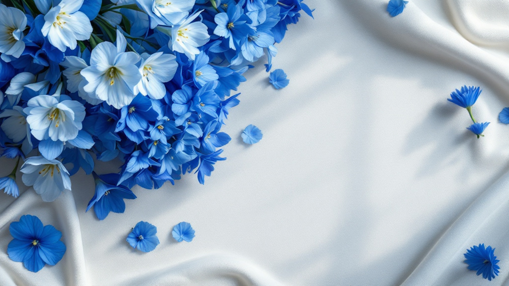 Blaue Blumen Arrangement mit Rittersporn, Hortensien und Agapanthus als Flat-lay auf cremefarbenem Leinen