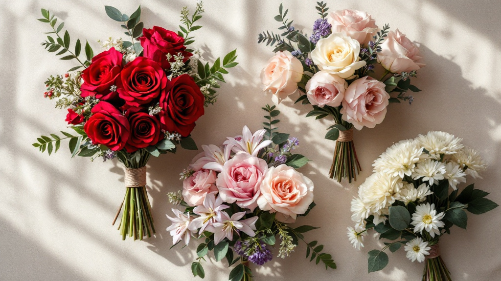 Vier Blumensträuße im Flat-lay: rote Rosen, rosa Pfingstrosen, lila Lisianthus und weiße Chrysanthemen für jeden Anlass