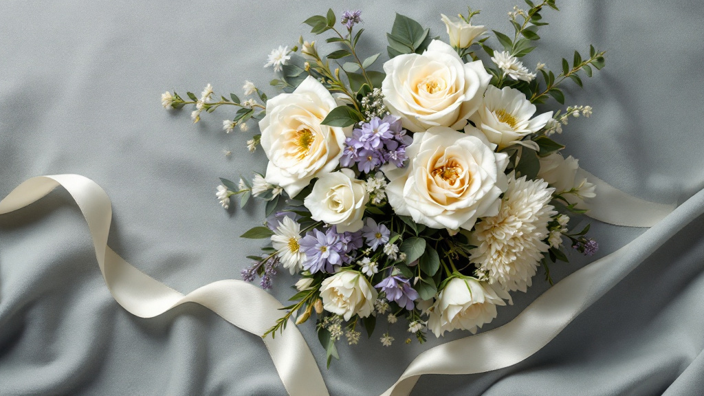 Weiße Rosen, Chrysanthemen und Lisianthus als Beileid-Arrangement auf grauem Leinenstoff – schlicht und würdevoll