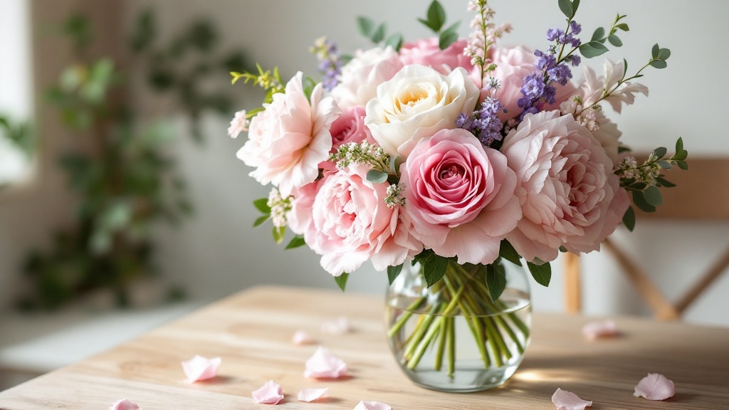 Frischer Geburtstagsstrauß mit rosa Rosen, weißen Pfingstrosen und Freesien in Glasvase am Fenster – 30. Geburtstag pflegen