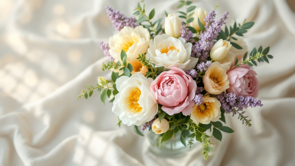 Frühlingsstrauß mit rosa Pfingstrosen, gelben Tulpen und weißem Ranunkel in Glasvase – Symbolik und Bedeutung