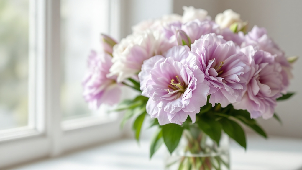 Lisianthus-Strauß in Lila und Weiß in einer Glasvase am Fenster – Tipps zum Lisianthus bestellen