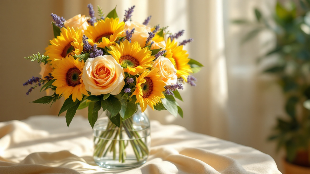 Sommerstrauß mit Sonnenblumen, Rosen und Lavendel in Glasvase am Fenster – frisch und lebendig verschicken
