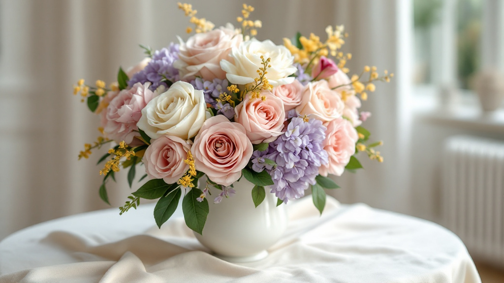 Eleganter Geburtstagsstrauß mit rosa Rosen, Pfingstrosen und Freesien in weißer Vase – ideal zum 60. Geburtstag