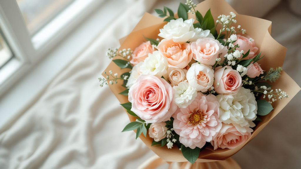 Üppiger Geburtstagsstrauß mit rosafarbenen Rosen, Ranunkeln und Pfingstrosen in Kraftpapier auf cremefarbenem Leinenstoff