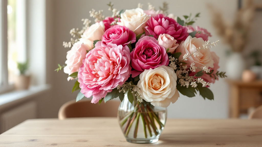 Üppiger Geburtstagsstrauß mit rosa Pfingstrosen und cremefarbenen Rosen in Glasvase – Blumen zum 40. Geburtstag verschicken