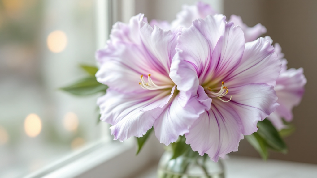 Lisianthus in Lila und Weiß in einer Glasvase auf Marmor – zarte Blütenblätter im weichen Tageslicht