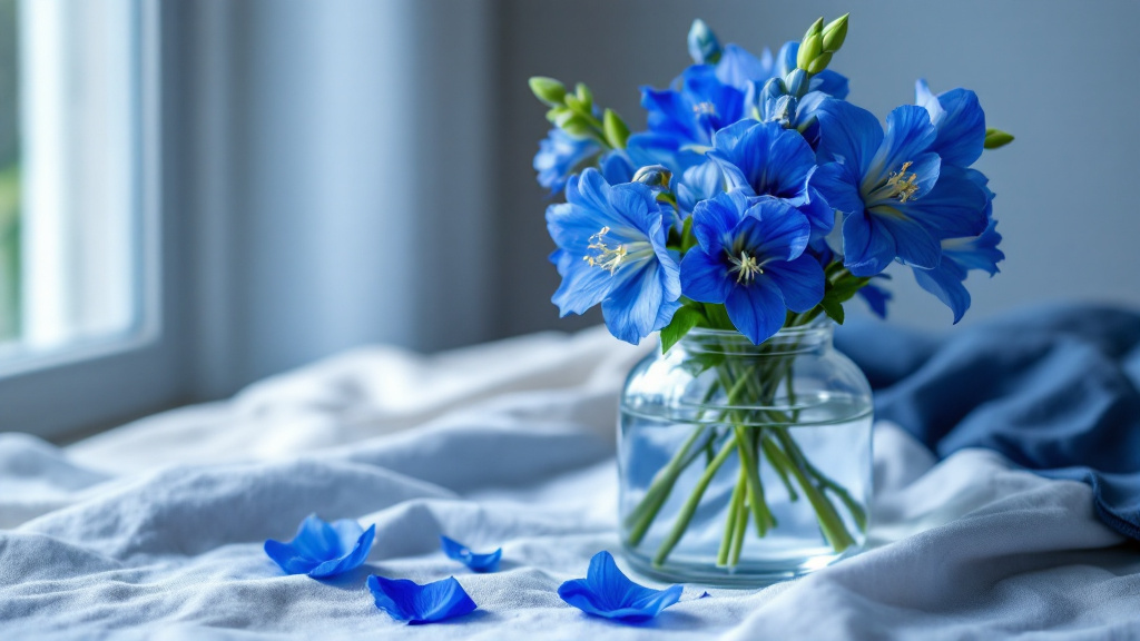 Blaue Blumen pflegen: Delphinium und Enzian in Glasvase mit frischem Wasser bei sanftem Fensterlicht