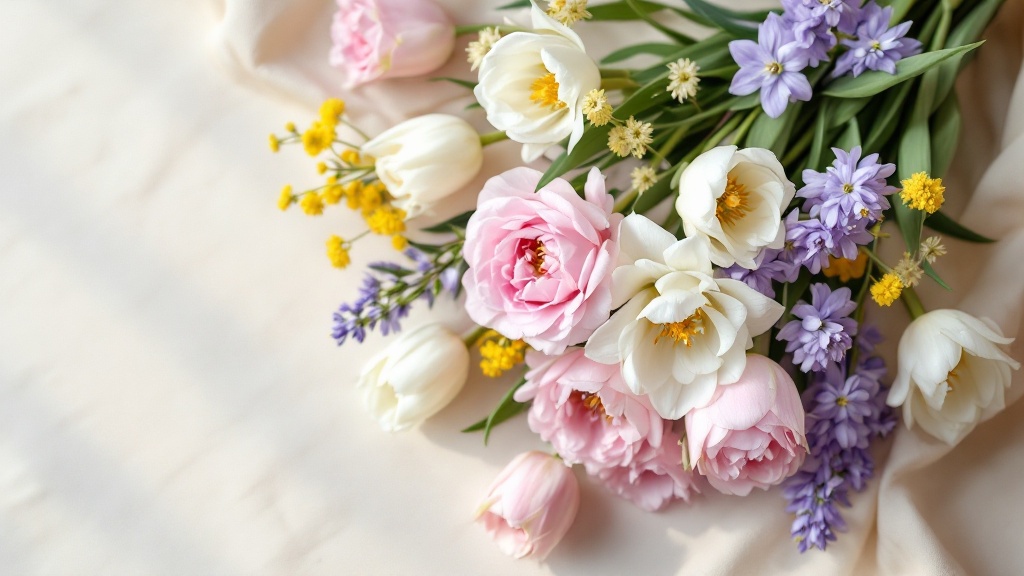 Frühlingsstrauß mit rosa Ranunkeln, weißen Tulpen und Hyazinthen auf cremefarbenem Leinenstoff – Tipps zum Bestellen