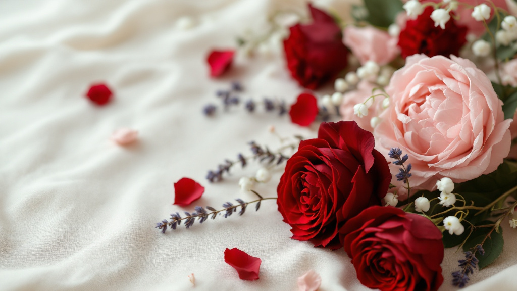 Rote Rosen, rosa Pfingstrosen und Maiglöckchen als Flat-Lay – Blumensprache Liebe auf einen Blick