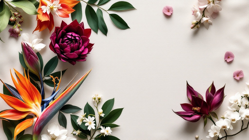 Exotische Blumen bestellen: Strelitzie, Protea und Orchideen als Flat-Lay auf cremefarbenem Leinenstoff
