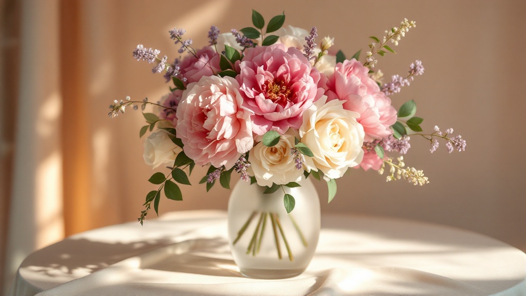 Festlicher Strauß mit rosafarbenen Pfingstrosen, Rosen und Freesien in Glasvase – perfektes Blumengeschenk zum 60. Geburtstag