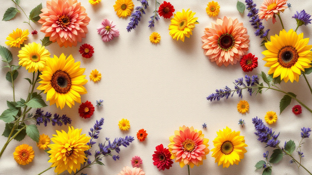 Sommerblumen-Arrangement mit Sonnenblumen, Zinnien, Dahlien und Lavendel als Flat-lay auf cremefarbenem Leinenstoff