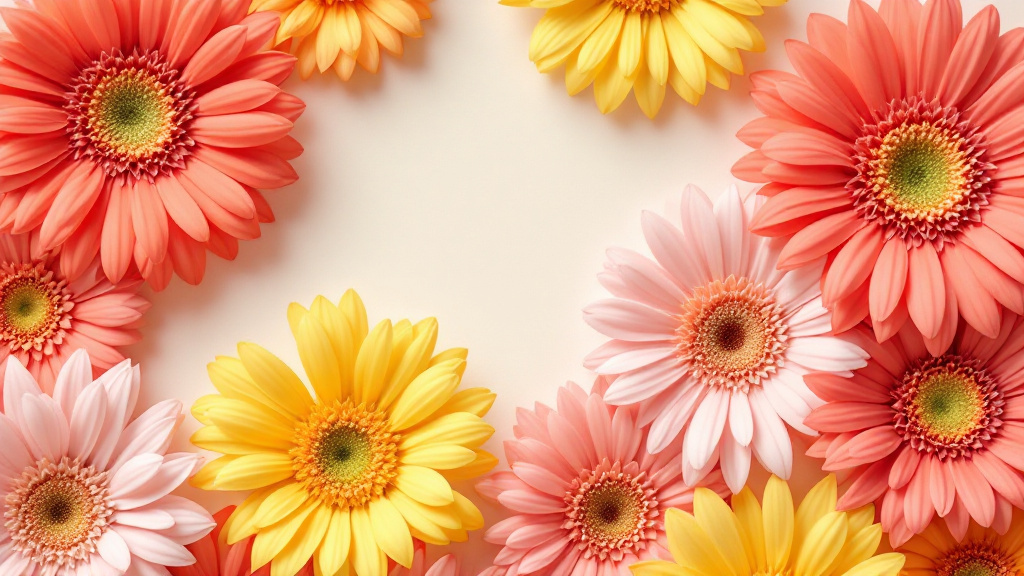 Frische Gerbera in Koralle, Gelb und Rosa als Flat-lay — bunte Schnittblumen für den Online-Versand