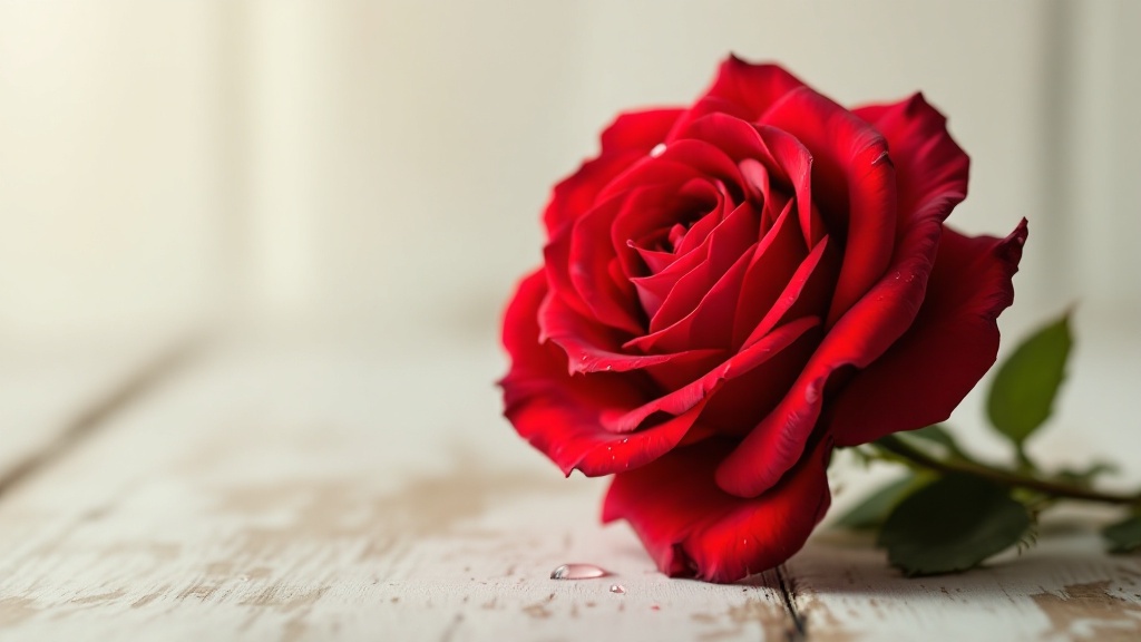Einzelne rote Rose mit Wassertropfen auf samtigen Blütenblättern vor cremefarbenem Hintergrund – klassische Rosen-Symbolik
