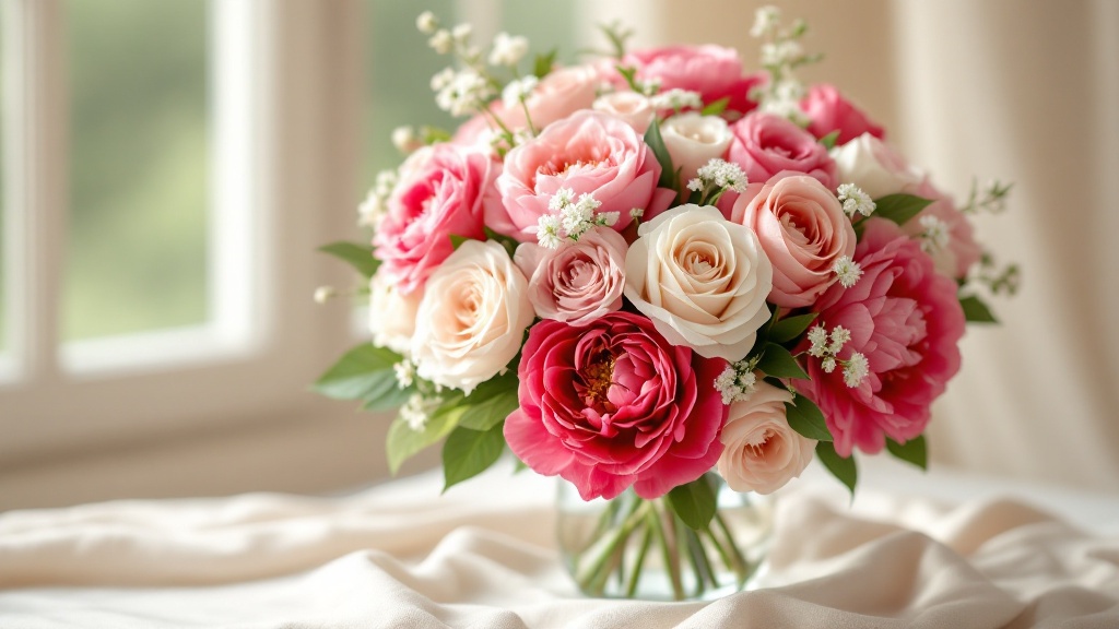 Festlicher Strauß mit rosafarbenen Pfingstrosen und Rosen in Glasvase – ideal zum 30. Geburtstag bestellen