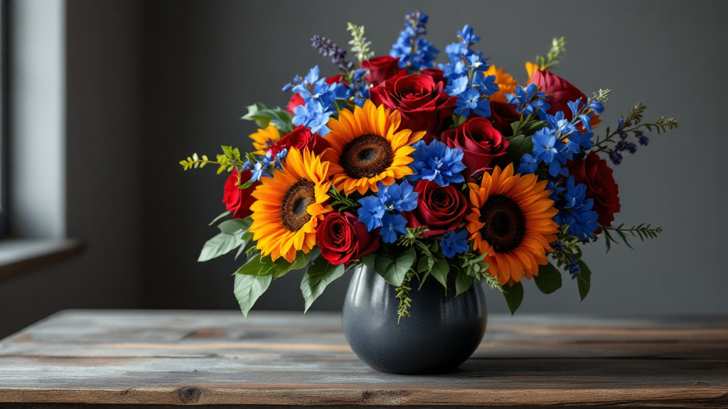 Kräftiger Geburtstagsstrauß mit burgunderroten Rosen, orangen Sonnenblumen und blauen Rittersporn in dunkler Keramikvase