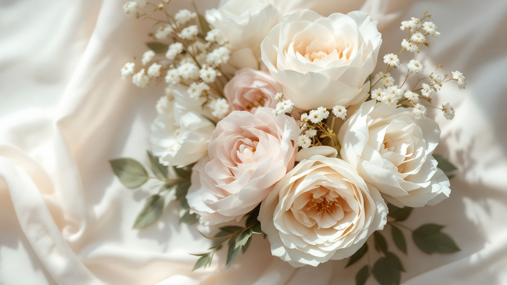 Hochzeitstag Blumen Bedeutung: weiße Rosen, Pfingstrosen und Maiglöckchen als Jubiläumsstrauß auf cremefarbenem Leinen