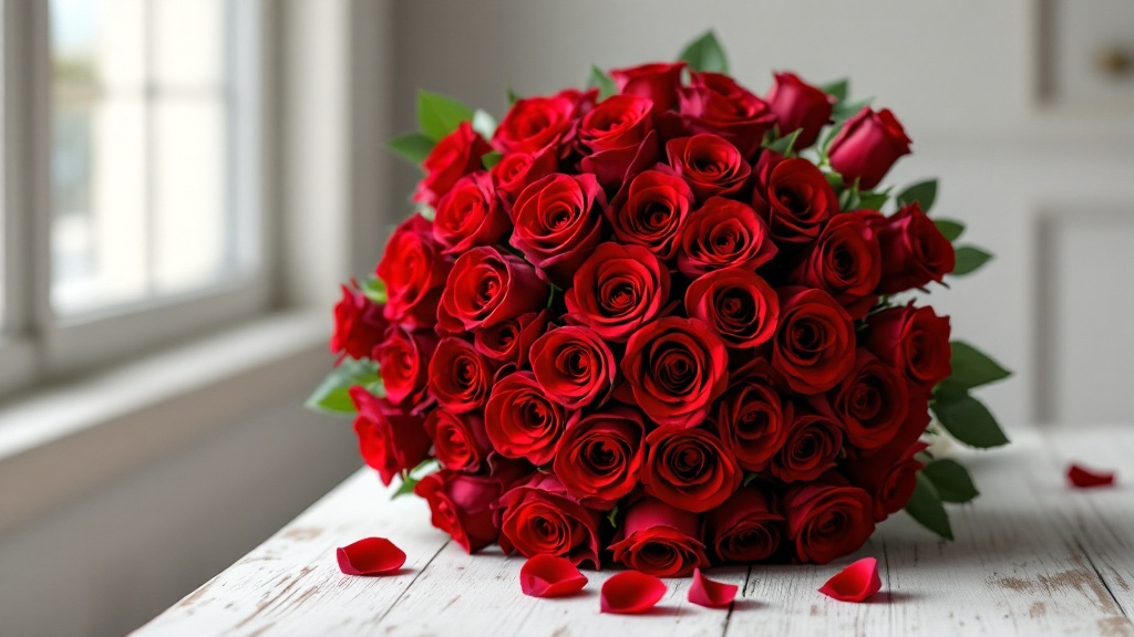 Üppiger Strauß mit 100 roten Rosen in sattem Karminrot auf weißem Holztisch im weichen Fensterlicht