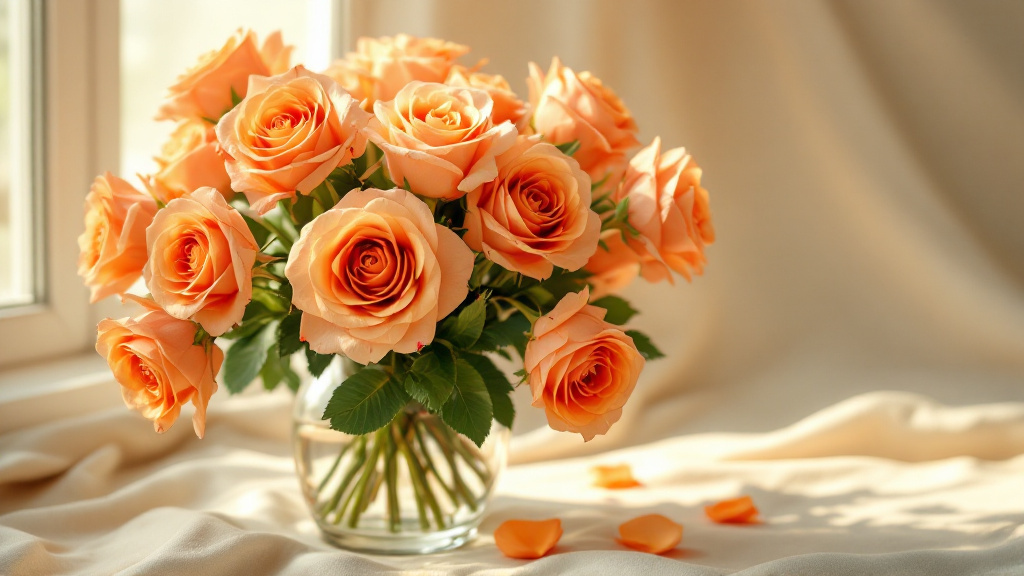 Leuchtende orange Rosen in Glasvase auf cremefarbenem Untergrund – Blumenstrauß für besondere Anlässe