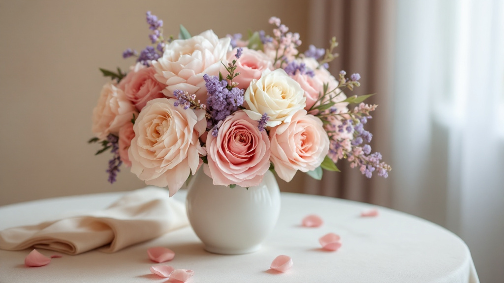 Üppiger Geburtstagsstrauß mit rosafarbenen Pfingstrosen, Crème-Rosen und Freesien in weißer Vase – 80. Geburtstag Blumen verschicken