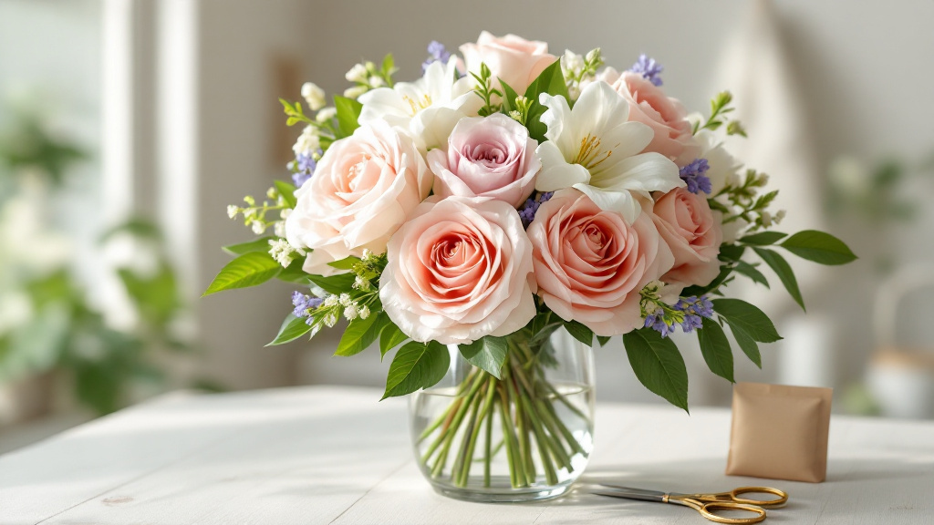 Festlicher Geburtstagsstrauß mit rosa Rosen, weißen Pfingstrosen und Freesien in Glasvase – Blumen zum 60. Geburtstag pflegen
