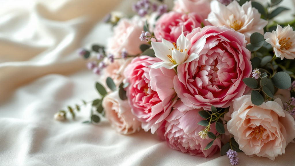 Festlicher Strauß mit rosa Pfingstrosen, Rosen und Freesien auf cremefarbenem Leinen – beliebteste Blumen zum 80. Geburtstag