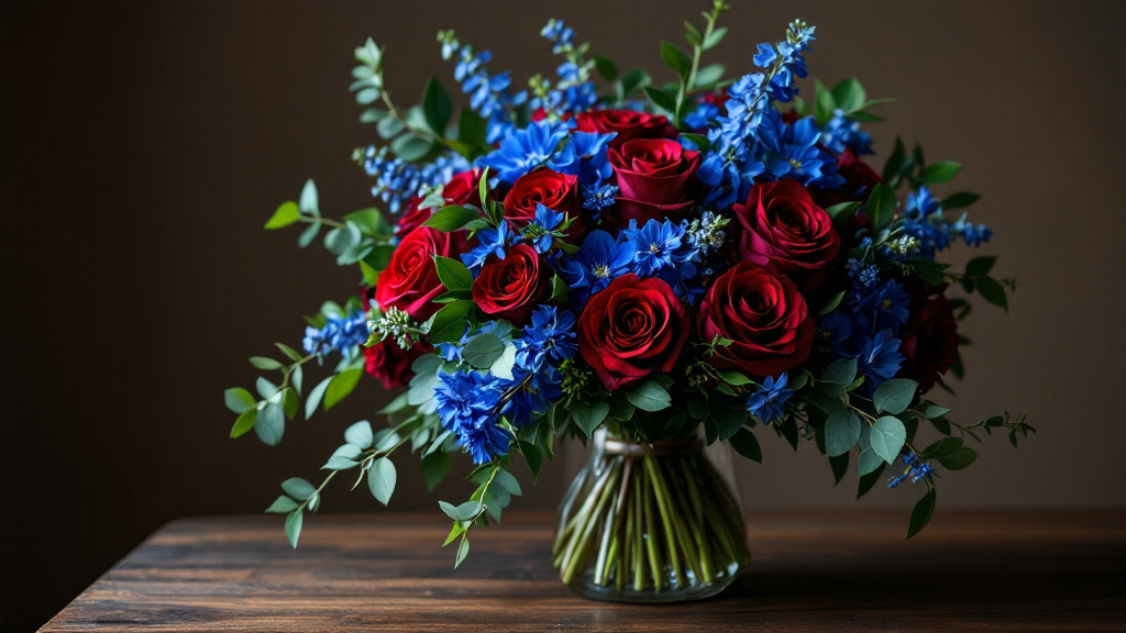 Eleganter Geburtstagsstrauß für Männer mit burgunderroten Rosen, blauen Delphinien und Eukalyptus auf Holztisch