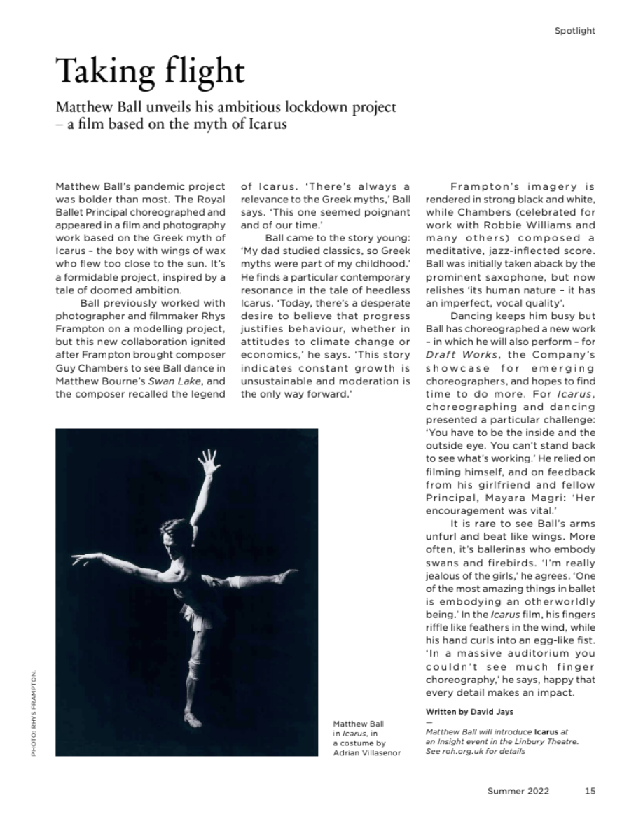 Taking Flight, Royal Opera House Magazine Discussing Lockdown project ''Icarus''