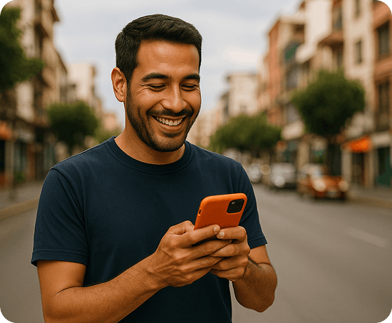 Man walking outside using money transfer app on smartphone with orange phone case