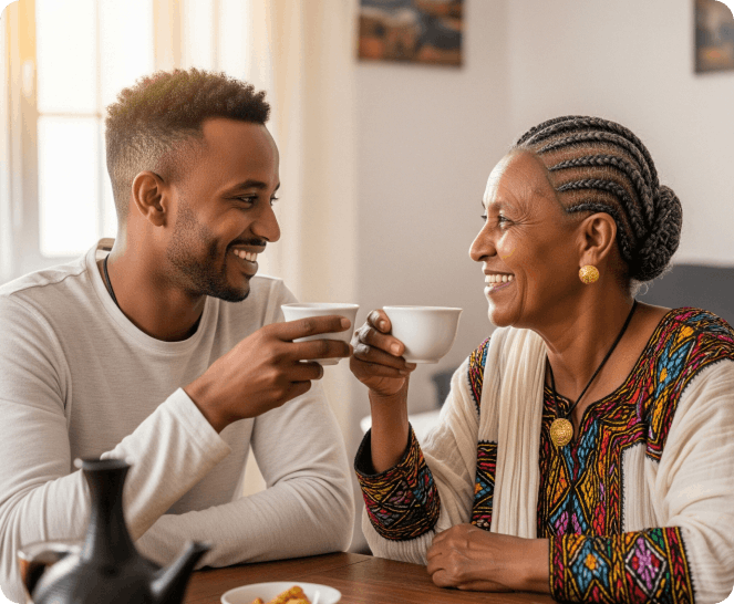 Ethiopian mother and son enjoying coffee