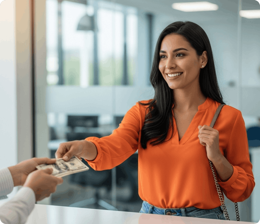 woman picking up cash at a Ria location
