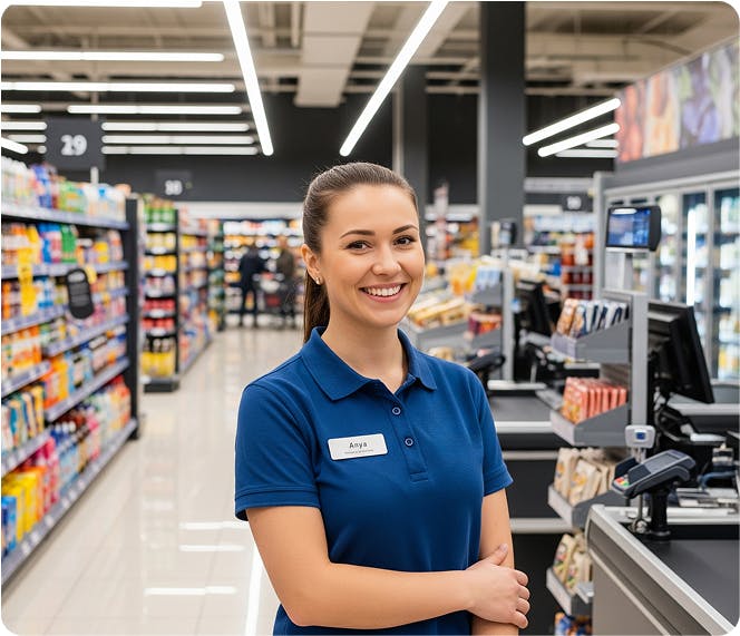 retail worker smiling in a grocery store chain