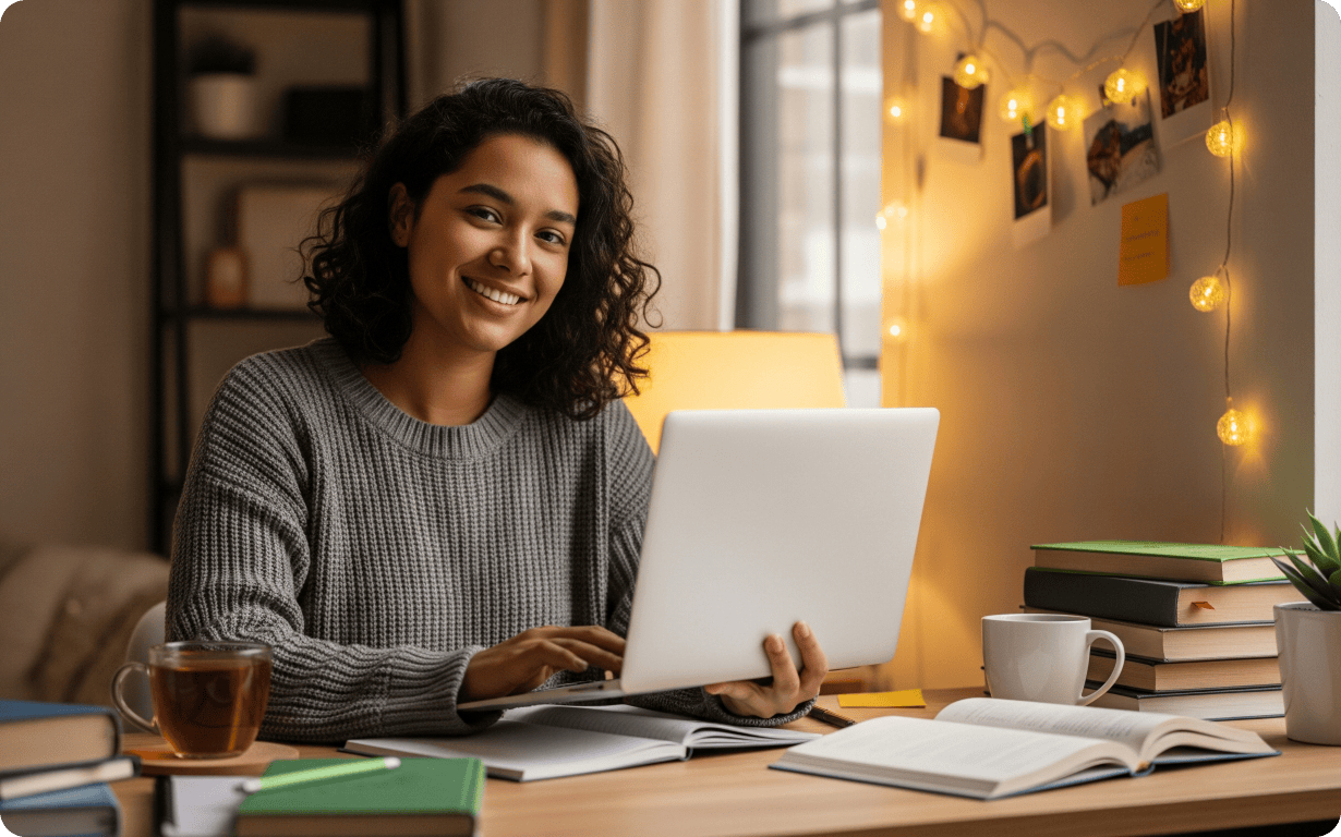Woman smiling in front of her computer.