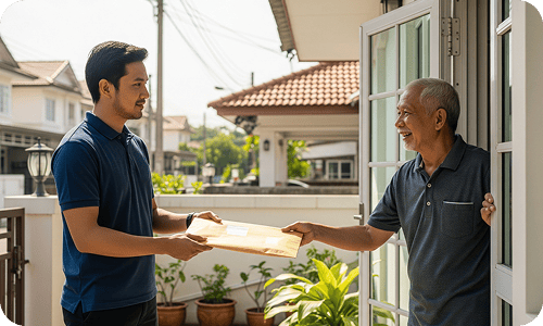 Older man receiving a home delivery money transfer.