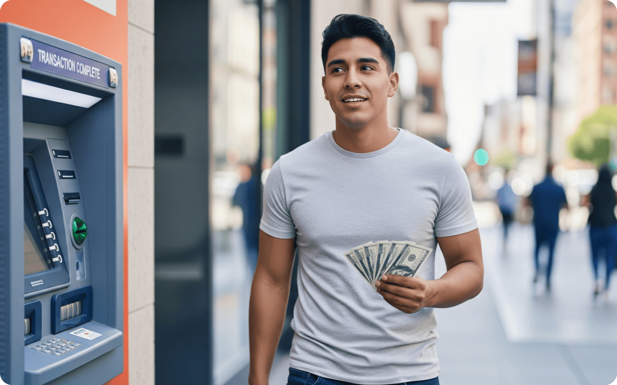 Man retrieving cash from an ATM
